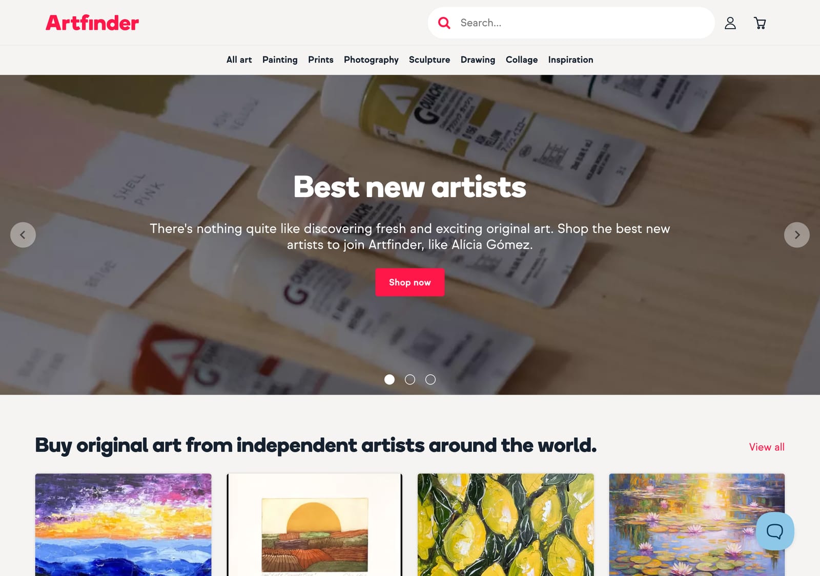 Artfinder's home page. A carousel headed Best new artists invites visitors to shop artists who have recently joined, and below it a section heading reads: Buy original art from independent artists around the world.