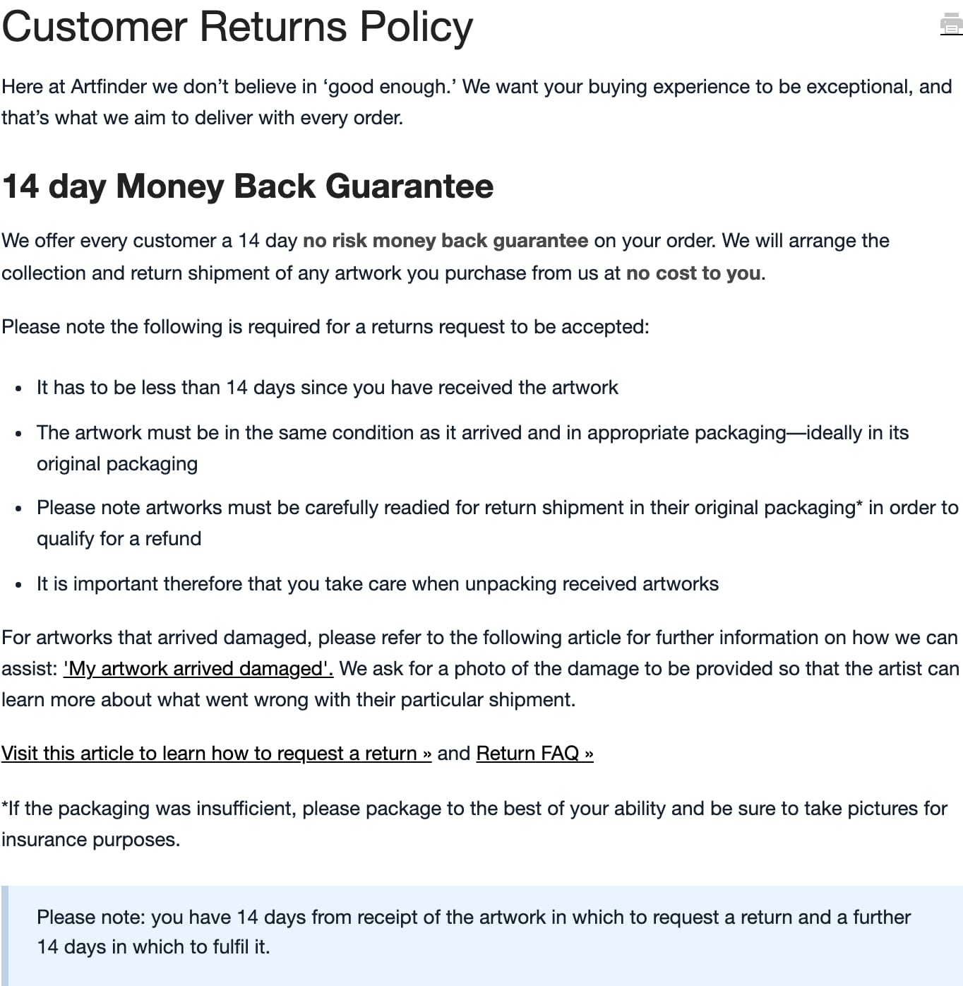 Artfinder's customer returns policy page, headed 14 day Money Back Guarantee, stating that Artfinder arranges collection and return shipment at no cost to the buyer, and listing the conditions including that the work must be returned in its original packaging.