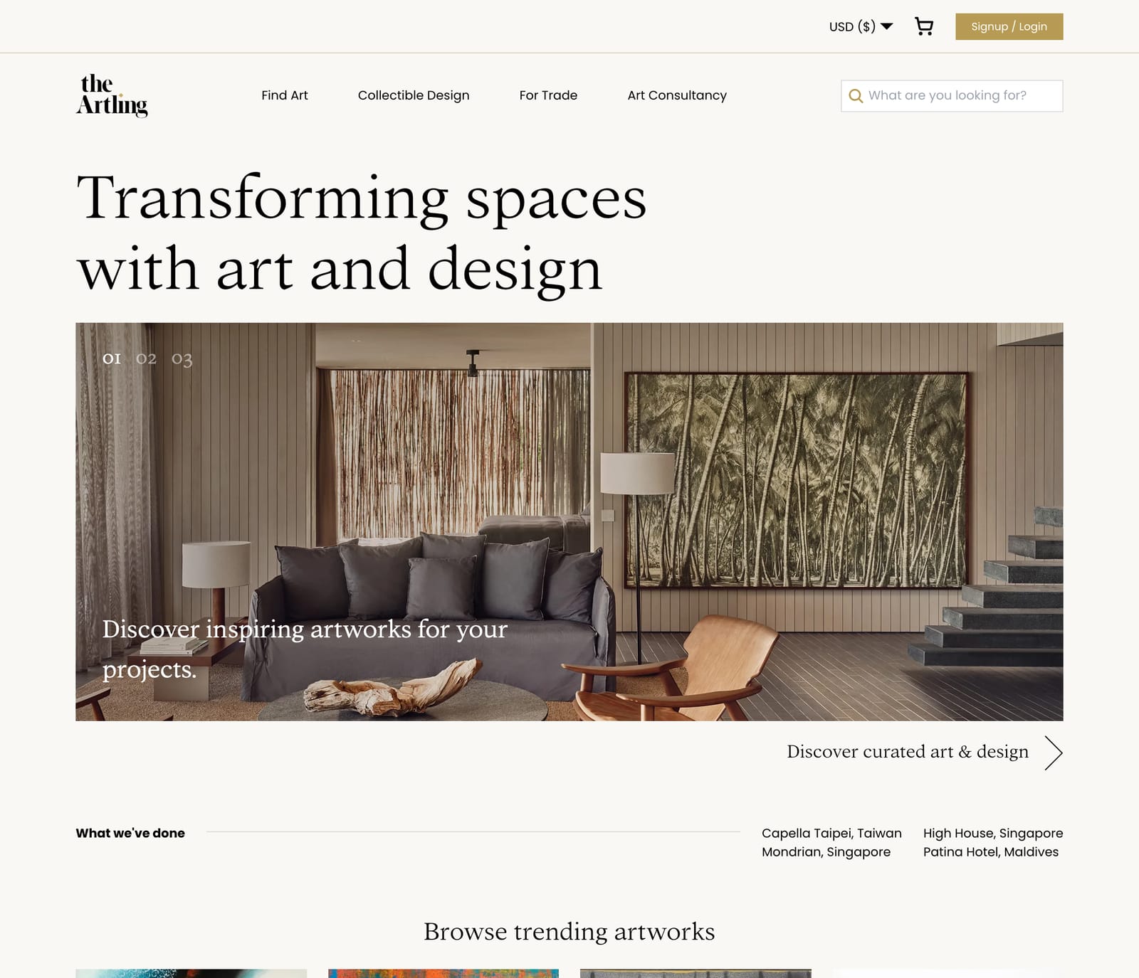 The Artling's home page. The navigation reads Find Art, Collectible Design, For Trade and Art Consultancy. The headline is Transforming spaces with art and design, over an interior photograph captioned Discover inspiring artworks for your projects, and a row headed What we've done lists hotel projects in Taipei, Singapore and the Maldives.
