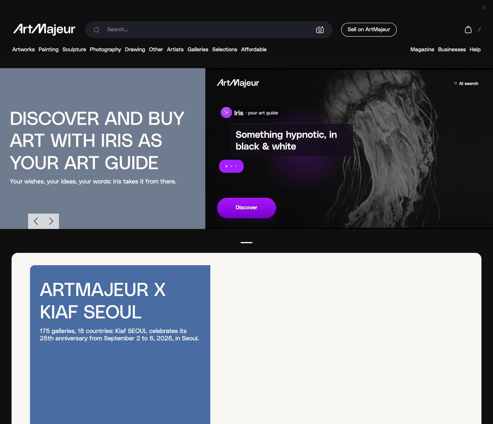 Artmajeur's home page. A dark header carries a Sell on ArtMajeur button beside the search bar, and the navigation reads Artworks, Painting, Sculpture, Photography, Drawing, Other, Artists, Galleries, Selections, Affordable.