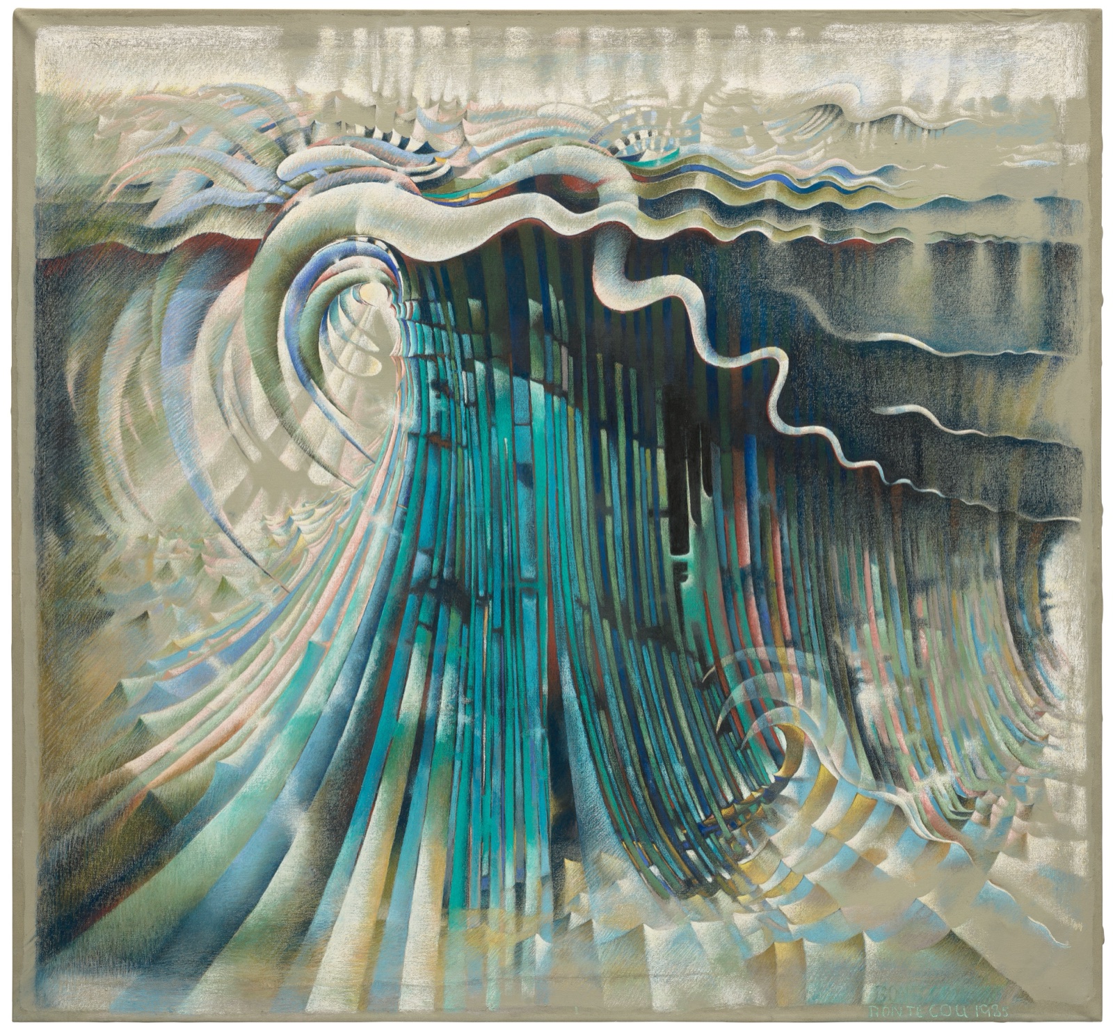 A pastel drawing on canvas of a vast curling wave, its face made of blue and green vertical bands, white crests running across the top against a dark sky.