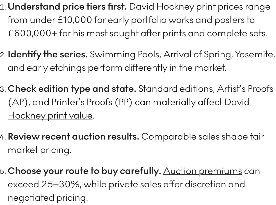 A numbered list from myartbroker's buyer's guide. The first item reads: Understand price tiers first. David Hockney print prices range from under 10,000 pounds for early portfolio works and posters to 600,000 pounds and above for his most sought after prints and complete sets.