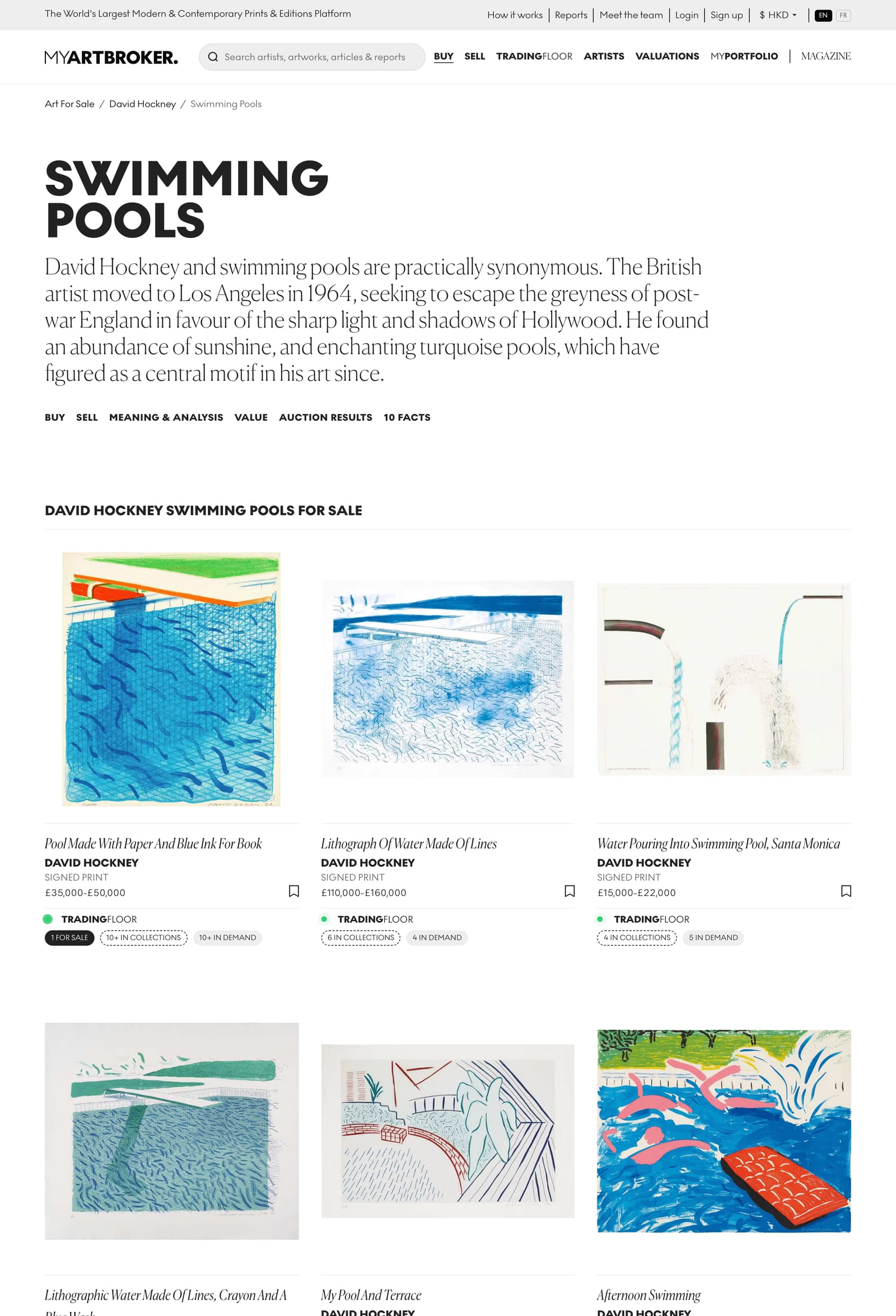 A dealer's page for Hockney's Swimming Pools prints. Six works are shown large in a grid, each captioned with its title, the words SIGNED PRINT, and a price range: 35,000 to 50,000 pounds, 110,000 to 160,000 pounds, and 15,000 to 22,000 pounds among them.
