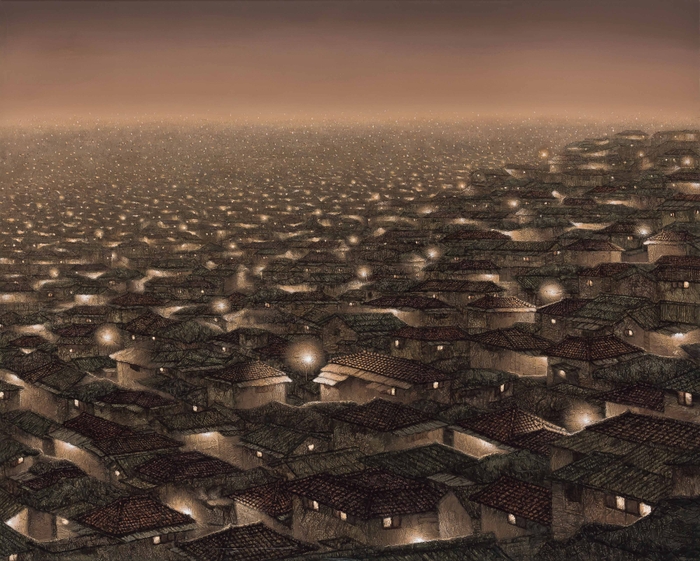 A hillside of tiled rooftops at dusk by Youngju Joung, hundreds of small windows and street lamps lit in warm yellow against a brown sky.