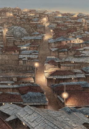 A hillside of small houses at dusk by Youngju Joung, roofs built from torn hanji paper, windows and street lamps lit.