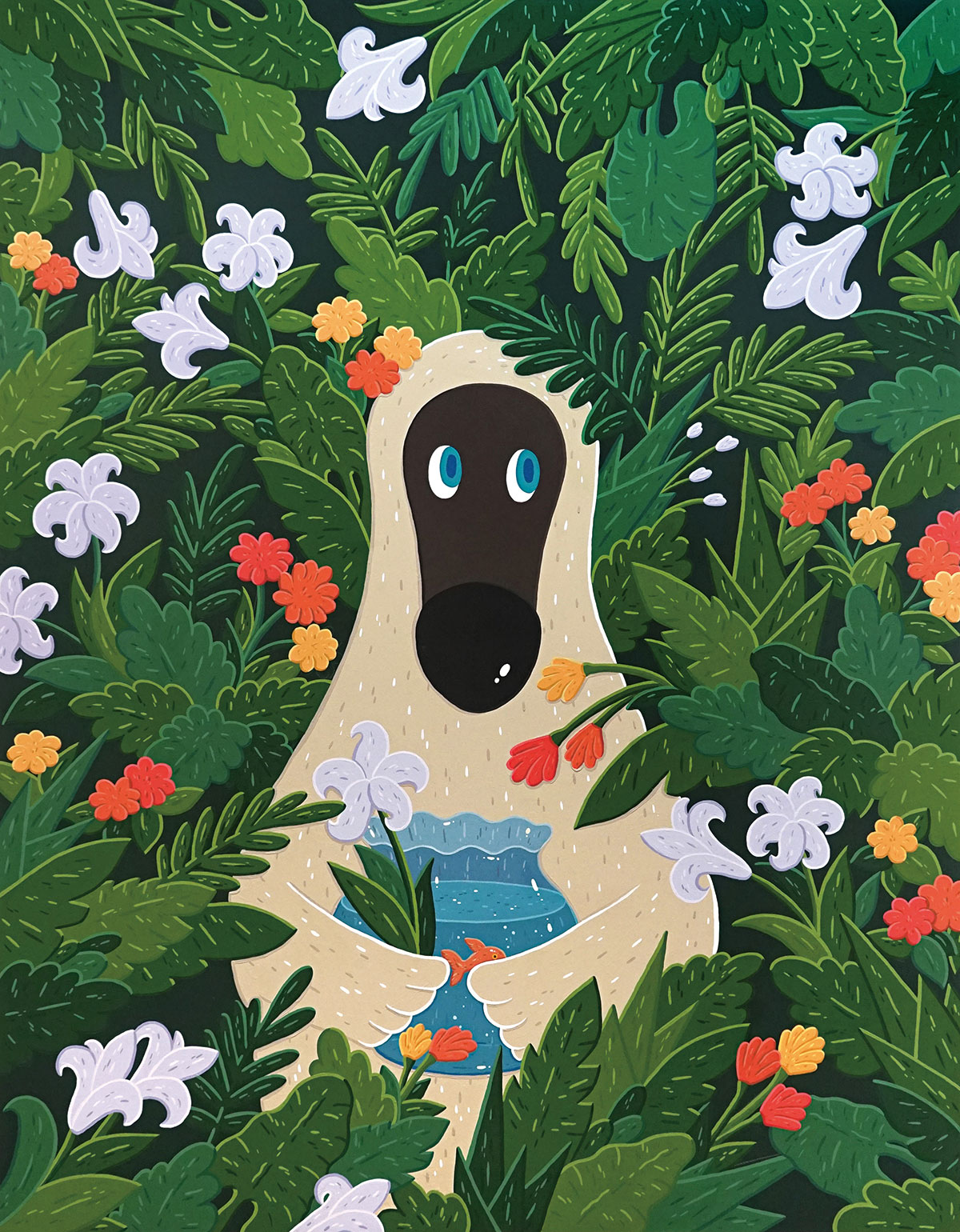 A single pale dodo standing in dense dark green foliage with white lilies, holding a fishbowl with an orange fish in it.