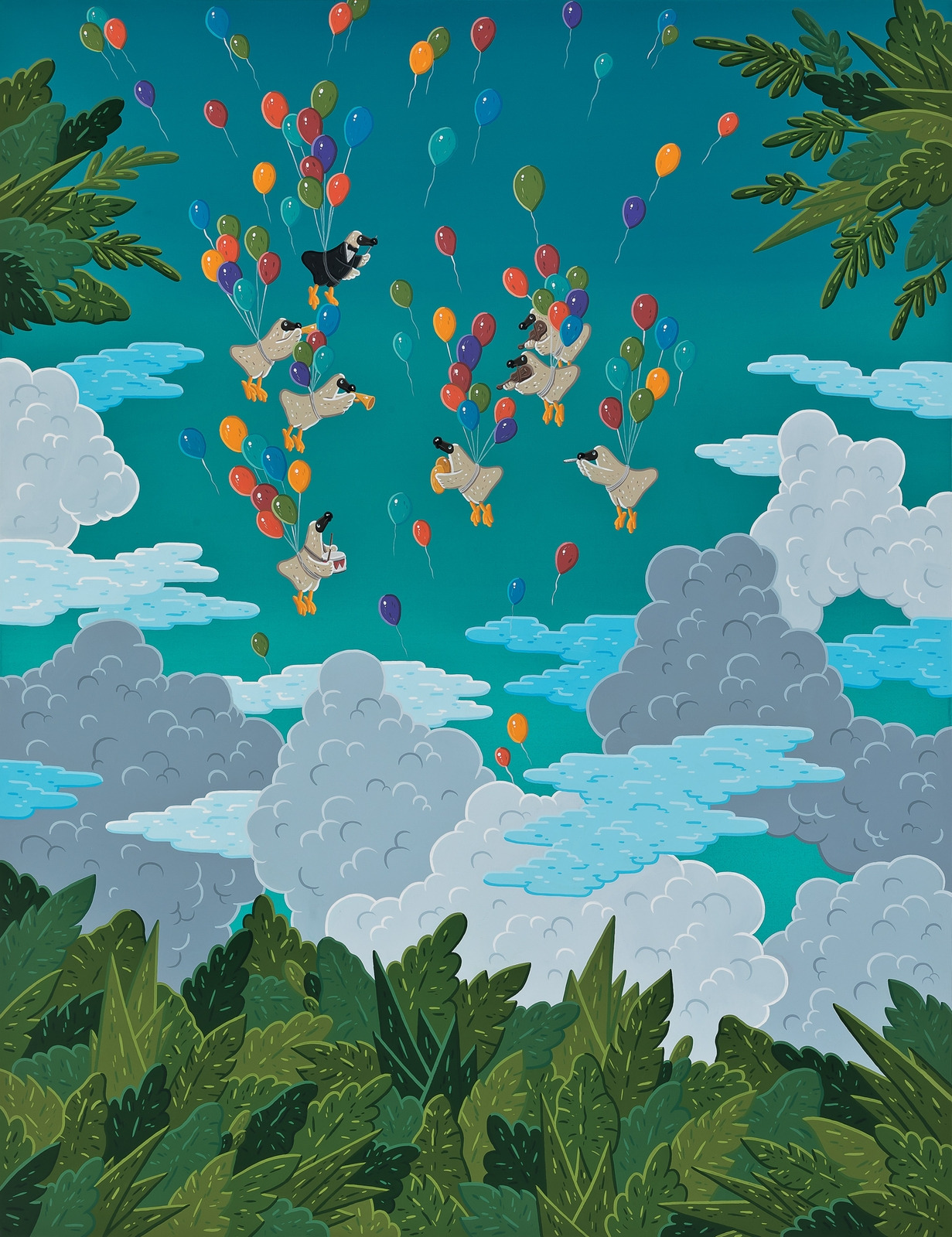 A Kim Sunwoo painting of dodos in coats floating up through a teal sky on bunches of coloured balloons, over banks of cloud and a jungle canopy.