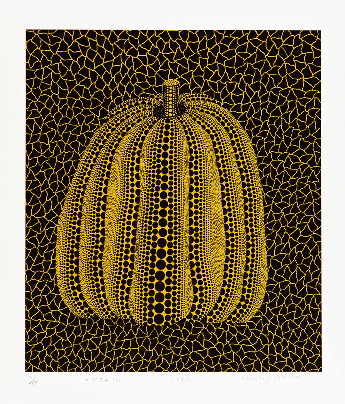 A yellow pumpkin covered in rows of black dots on a black ground with a yellow net pattern, with a pencilled edition number, title and date in the white margin below.
