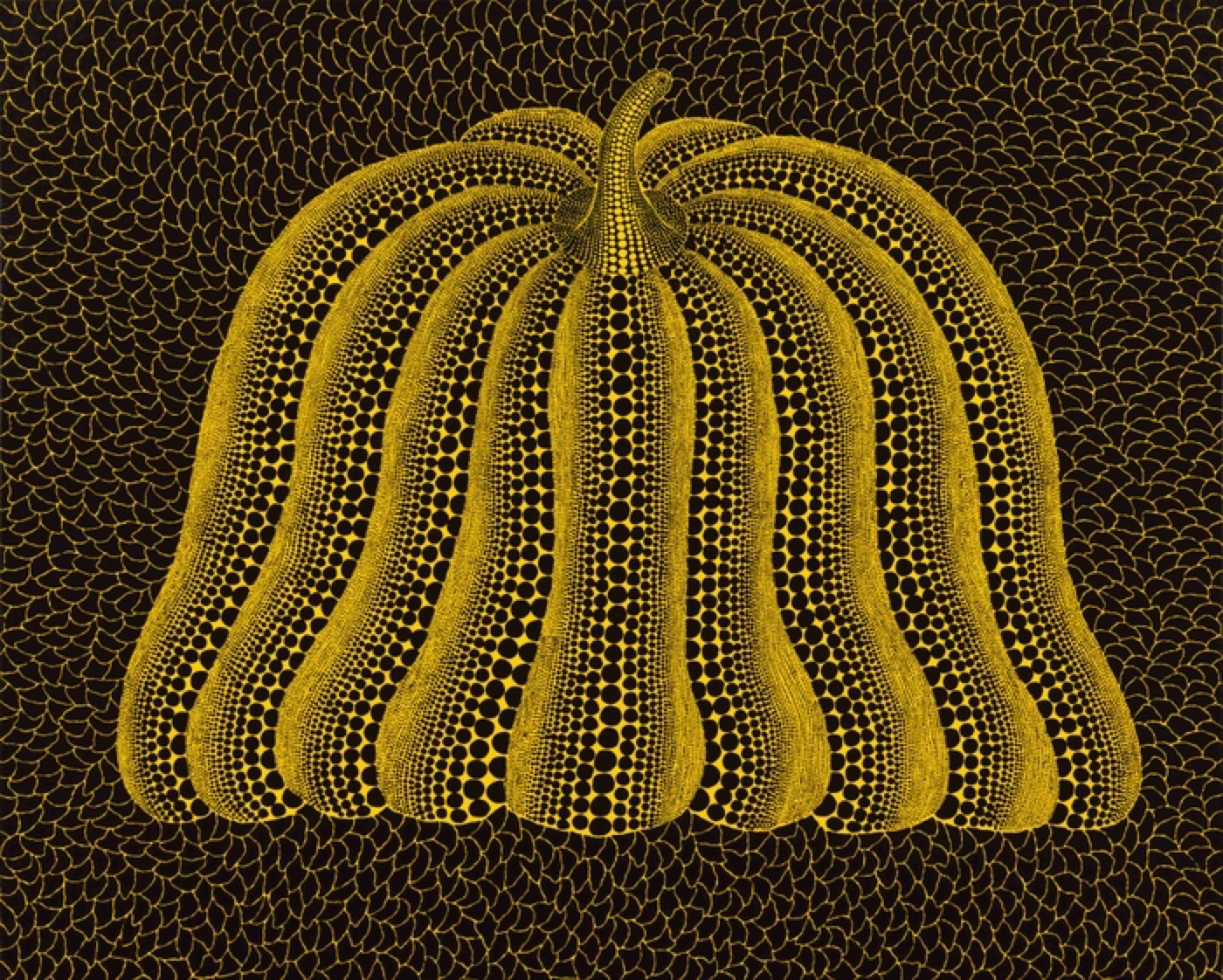 A large yellow pumpkin made of rows of black dots, its ribs curving outward, on a dark ground covered in a fine yellow net pattern.