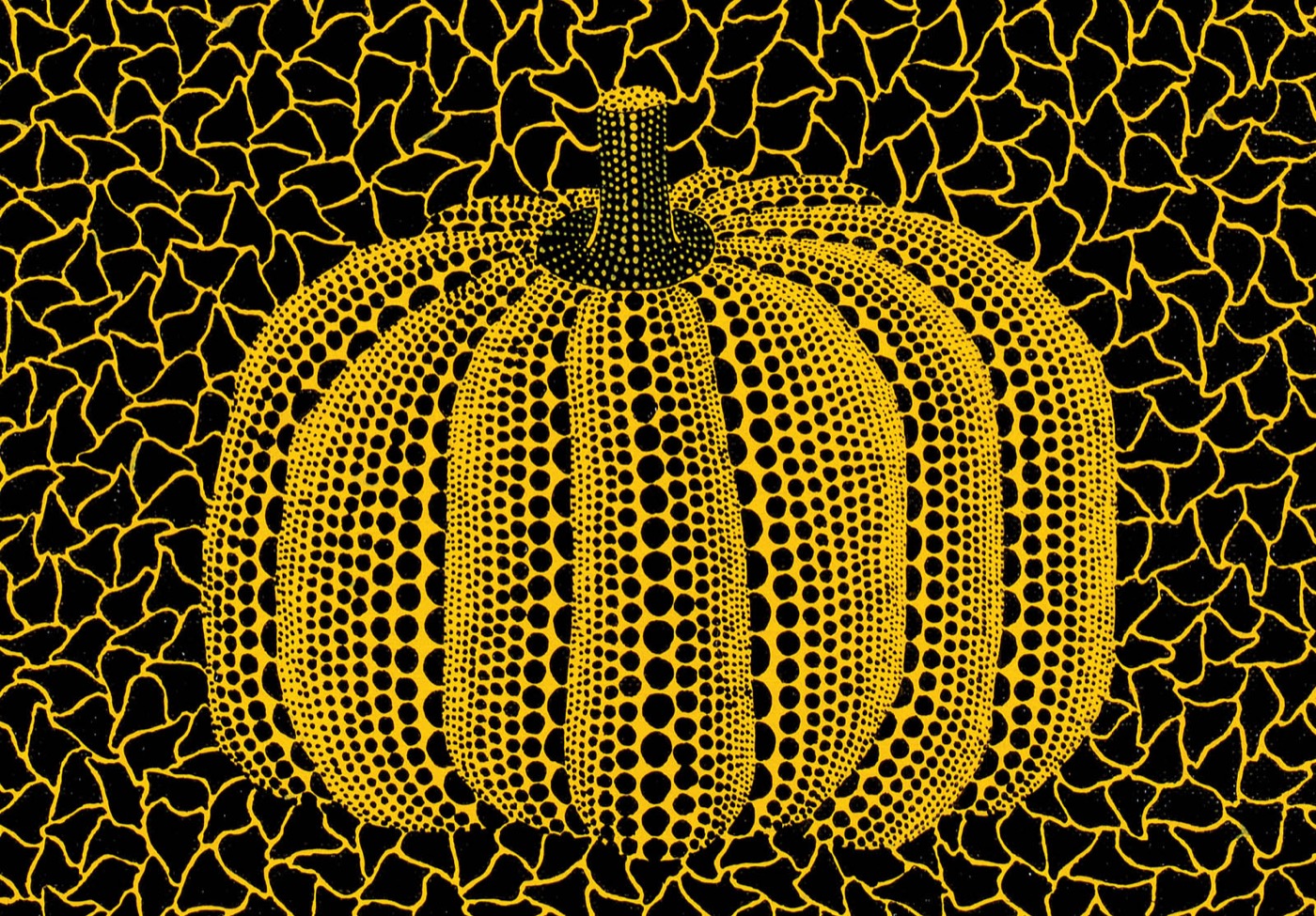 A yellow pumpkin covered in black dots of different sizes, set against a black ground crossed by a yellow net pattern.