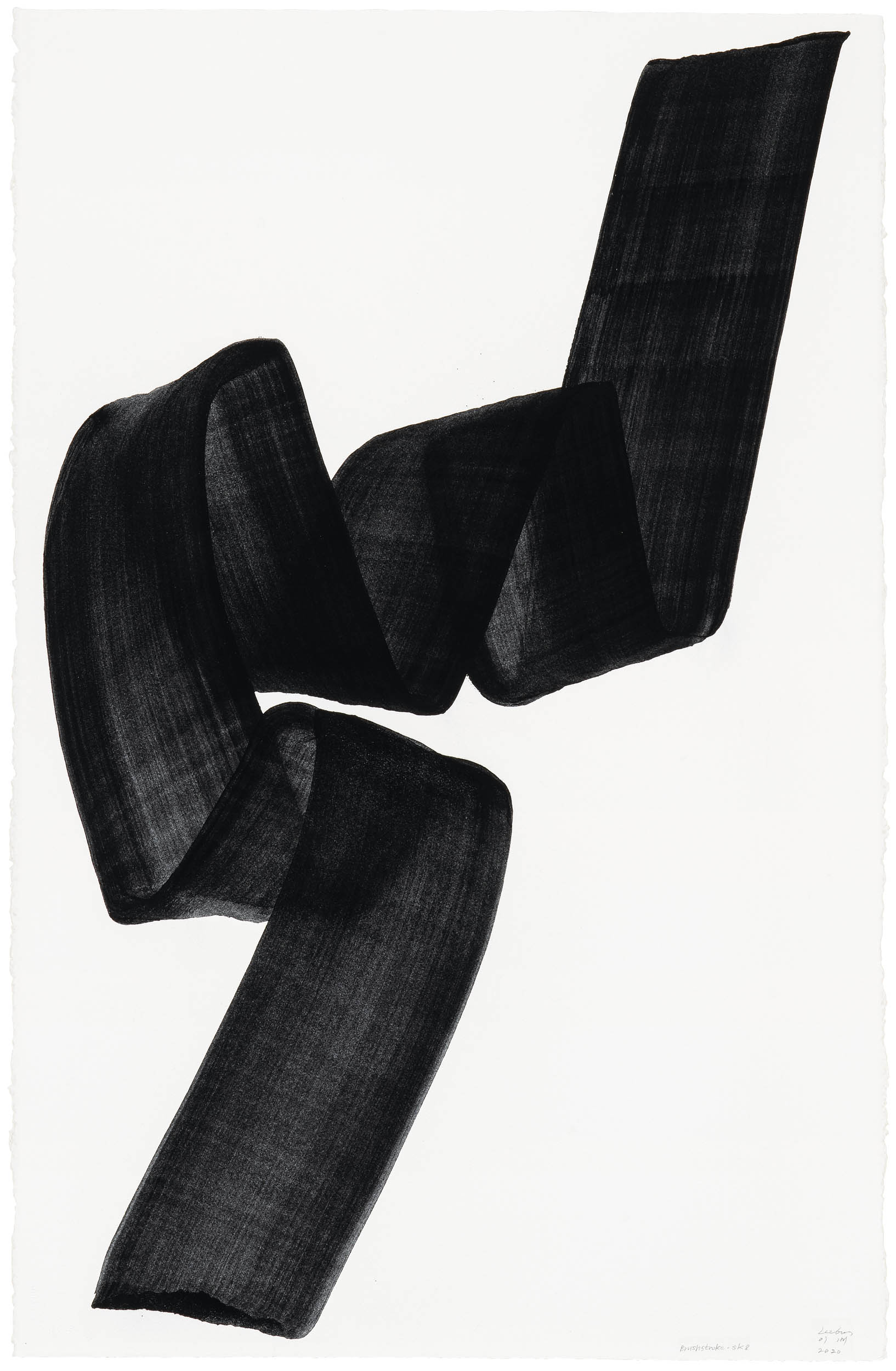 Brushstroke SK8 by Lee Bae, charcoal ink on paper. A single broad stroke folds back on itself down the sheet, the brush marks visible in the grain of the black.