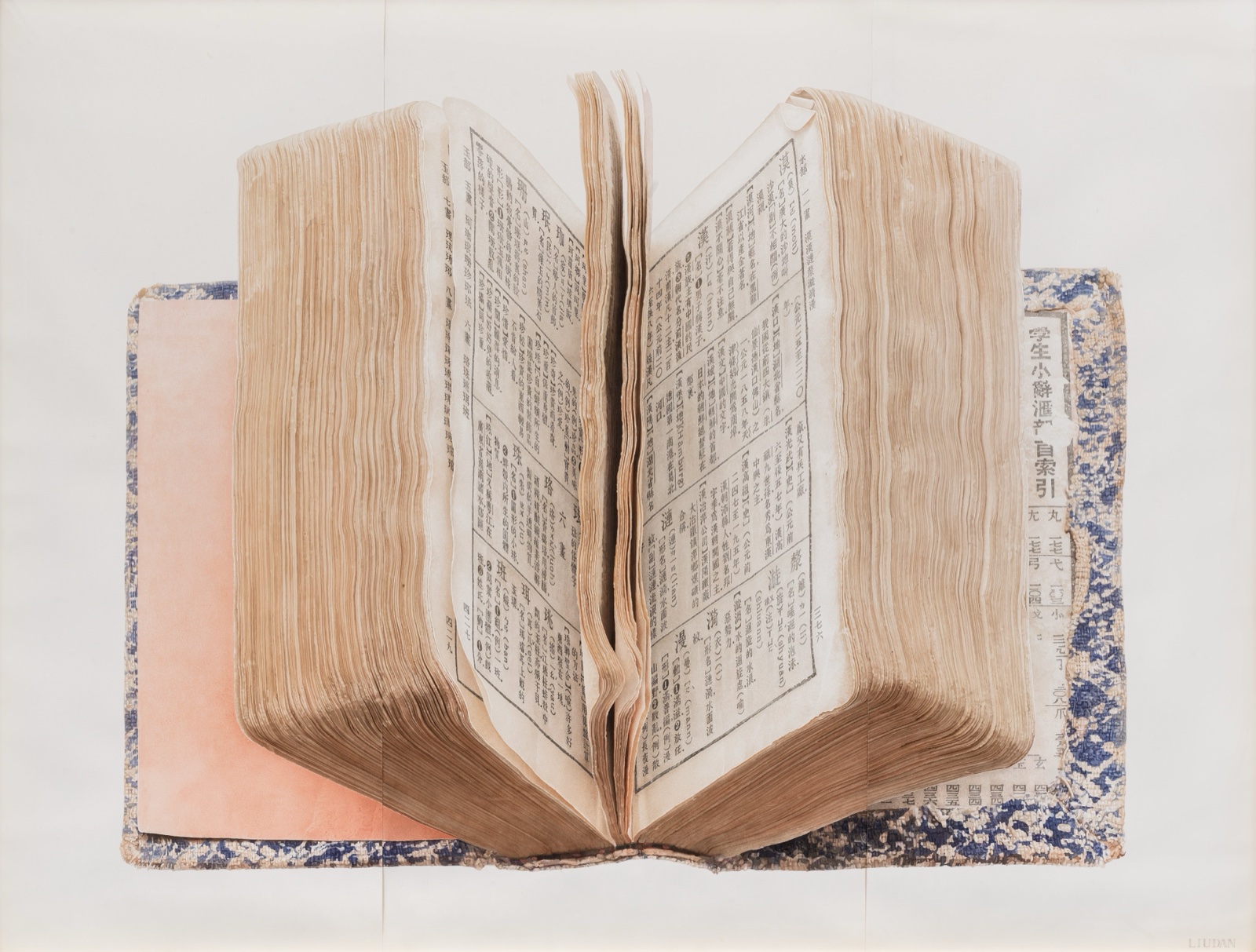 An old Chinese dictionary painted open and standing upright on its spine, its worn page edges fanned, resting on a blue and white cloth case and a pink sheet.