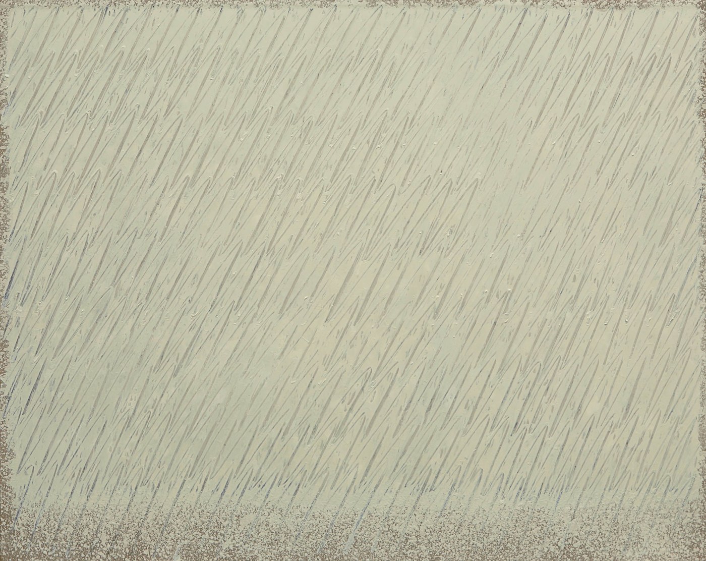 A pale grey-green canvas covered in rows of fine diagonal pencil strokes, with a rougher speckled band along the bottom edge.