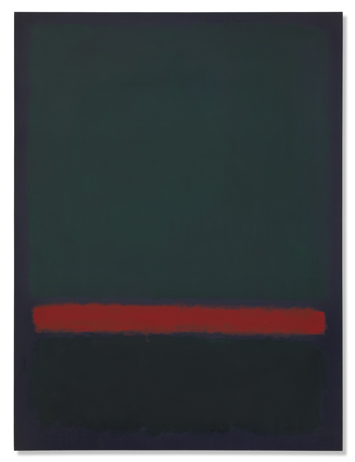 A tall dark green field over a narrow band of deep red and a near-black lower block, all on a dark violet ground.