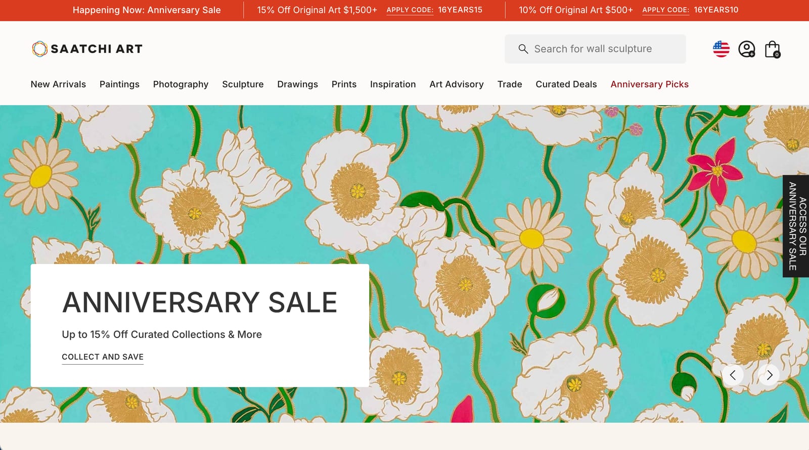 Saatchi Art's home page. A red bar across the top advertises an anniversary sale, fifteen percent off original art over 1,500 dollars and ten percent off over 500, each with a discount code. The navigation reads New Arrivals, Paintings, Photography, Sculpture, Drawings, Prints, Inspiration, Art Advisory, Trade, Curated Deals, Anniversary Picks.