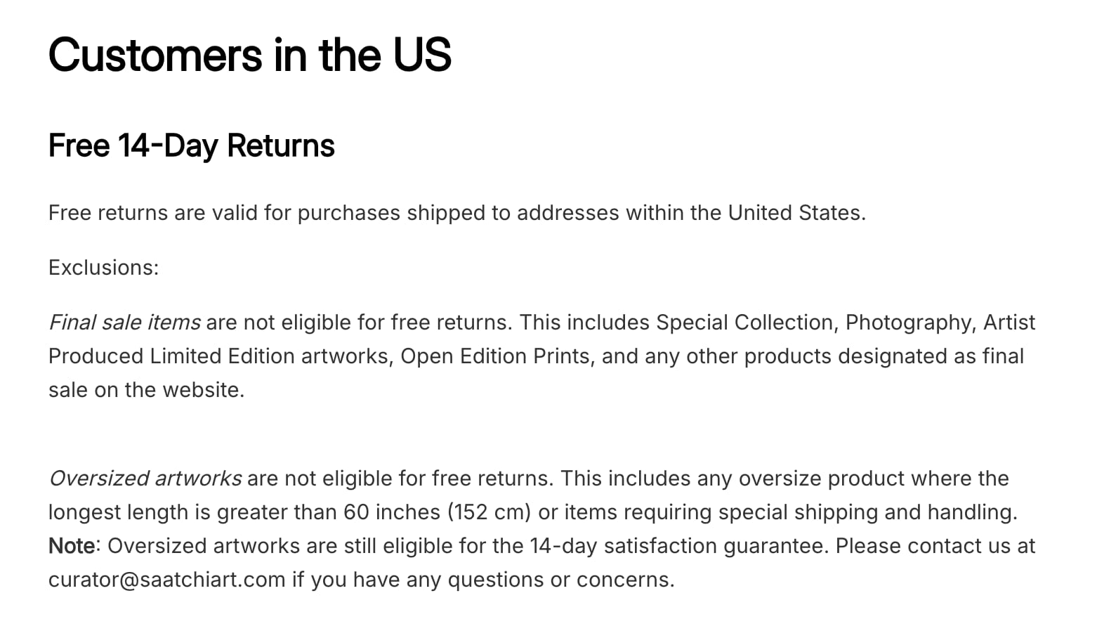 Saatchi Art's return policy page under the heading Customers in the US, showing Free 14-Day Returns, then an Exclusions list naming Special Collection, Photography, Artist Produced Limited Edition artworks and Open Edition Prints as final sale, and excluding oversized work whose longest side is over 60 inches.