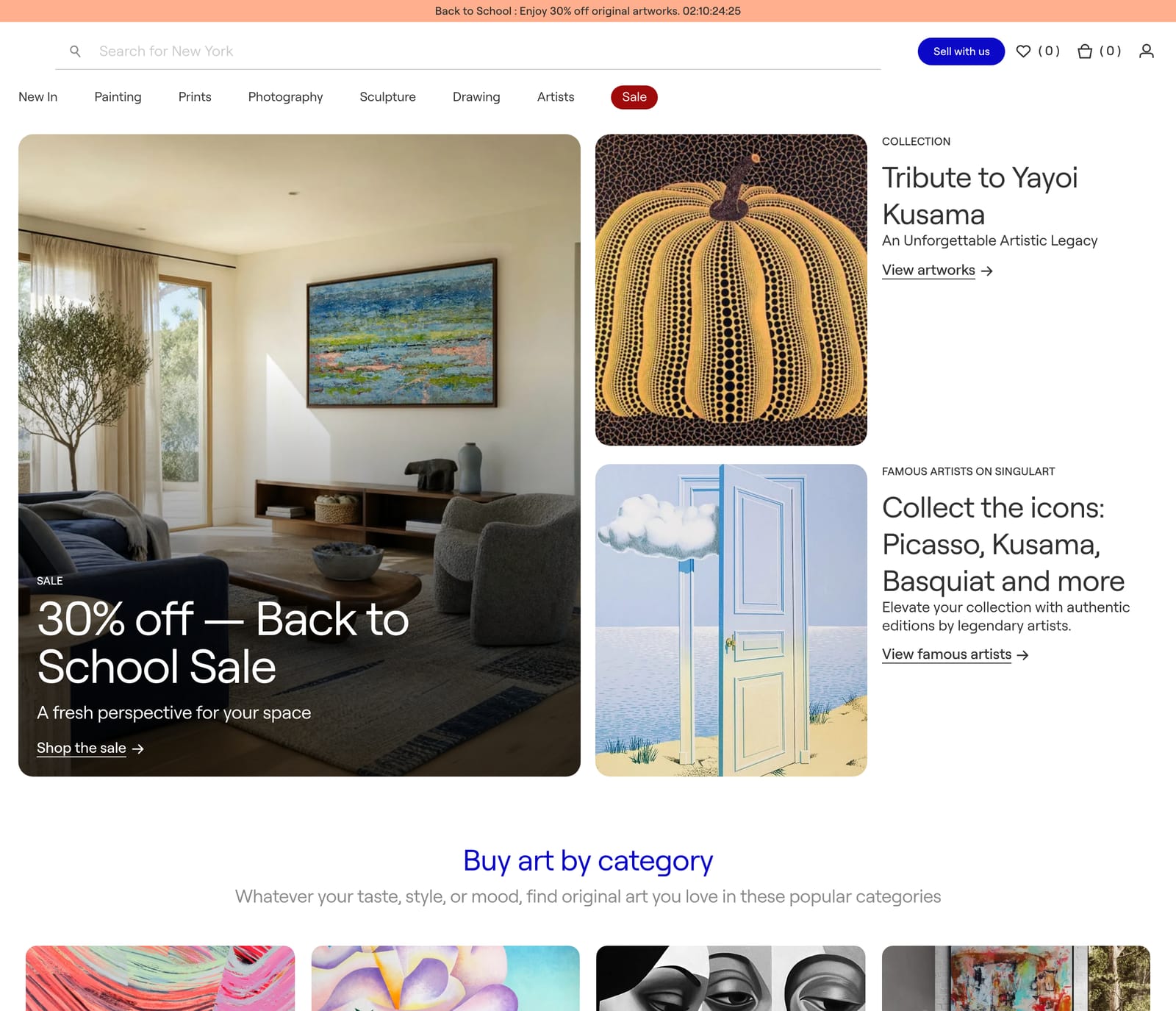 Singulart's home page. A banner across the top advertises thirty percent off original artworks in a Back to School sale, and panels beside the hero offer a tribute collection to Yayoi Kusama and a section headed Collect the icons: Picasso, Kusama, Basquiat and more.