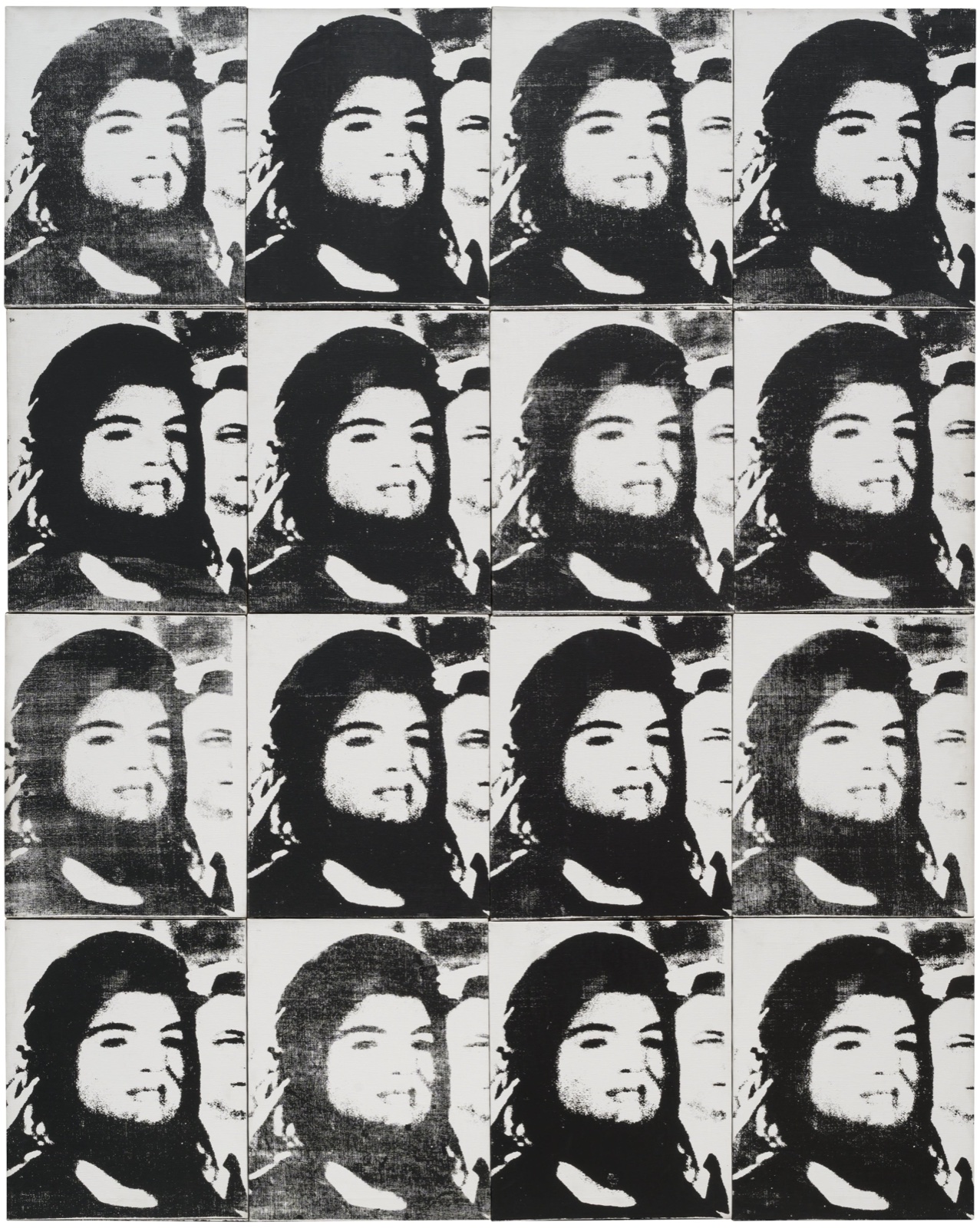 Sixteen black and white silkscreened panels arranged four by four, each repeating the same close-cropped photograph of Jacqueline Kennedy.